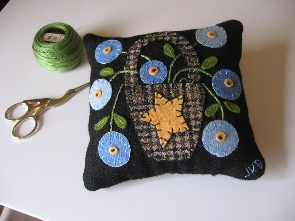 Wool Pincushion with Blue Flowers in Basket Applique JKB