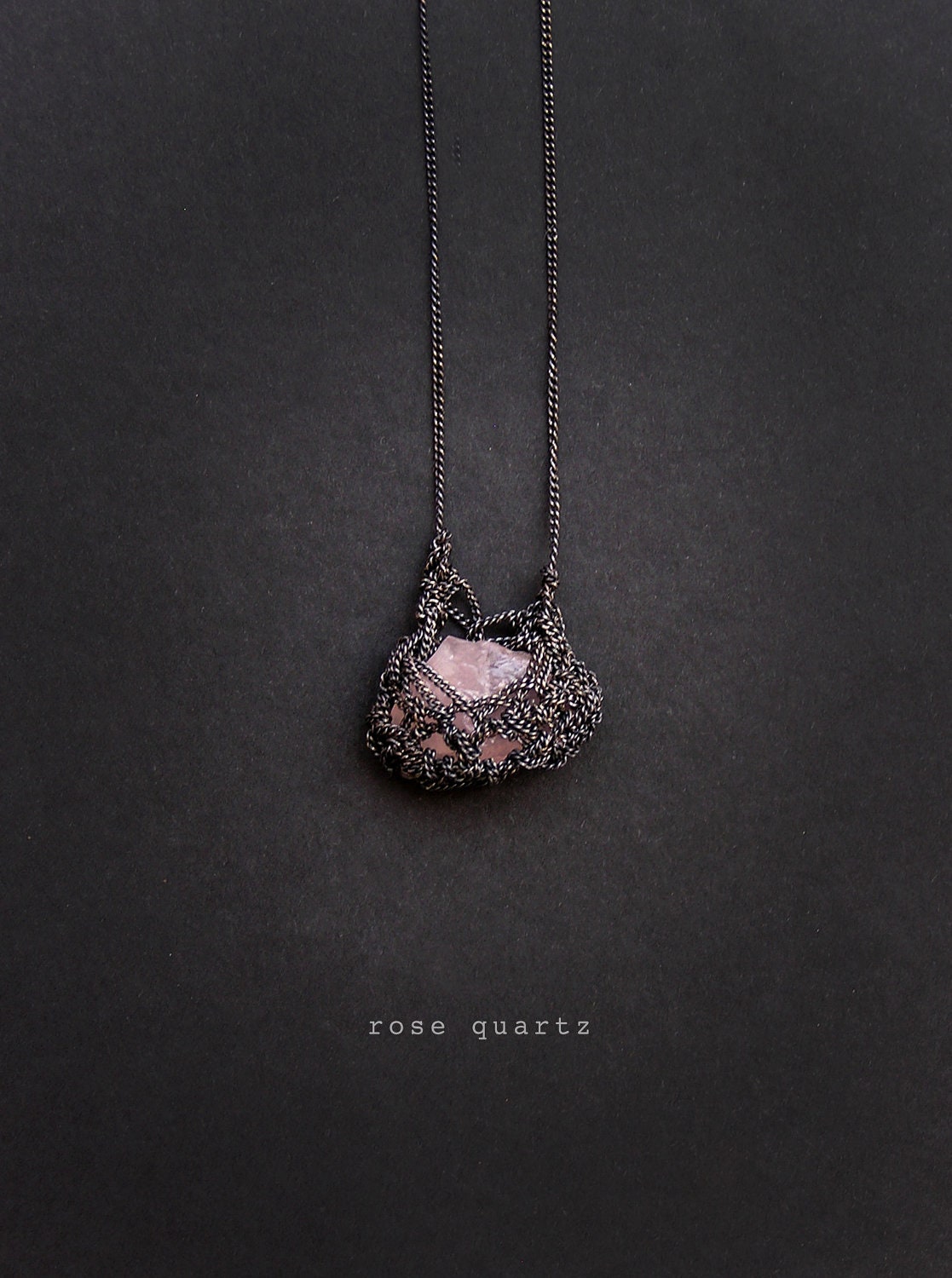 secret heart rose quartz silver crochet necklace