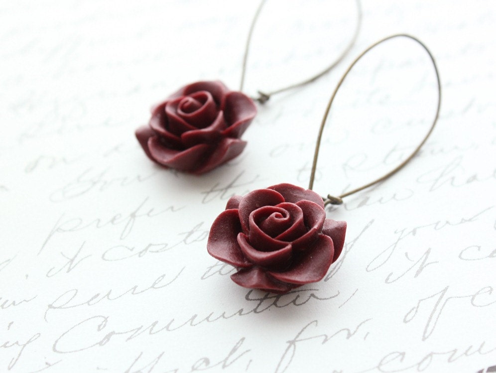 Burgundy Rose Earrings, Long Earrings, Victorian Romance, Rhubarb Maroon Rose, Oxblood Red, Deep Red, Floral Accessories