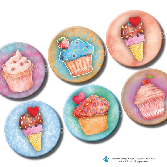 Sweet Muffins. Watercolor cupcakes 1 inch circles. Love hearts valentines bottle caps printable images. Digital collage sheet for bottlecaps