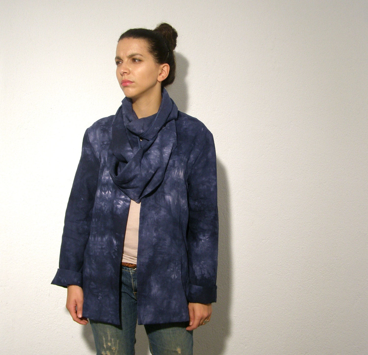 Autumn summer wrap jacket tie dye blue white