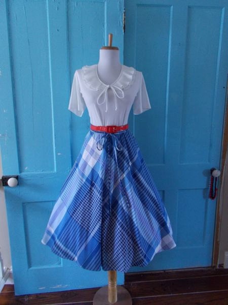 Vintage 1950s 1960s Blue Cotton Plaid Check Full Skirt