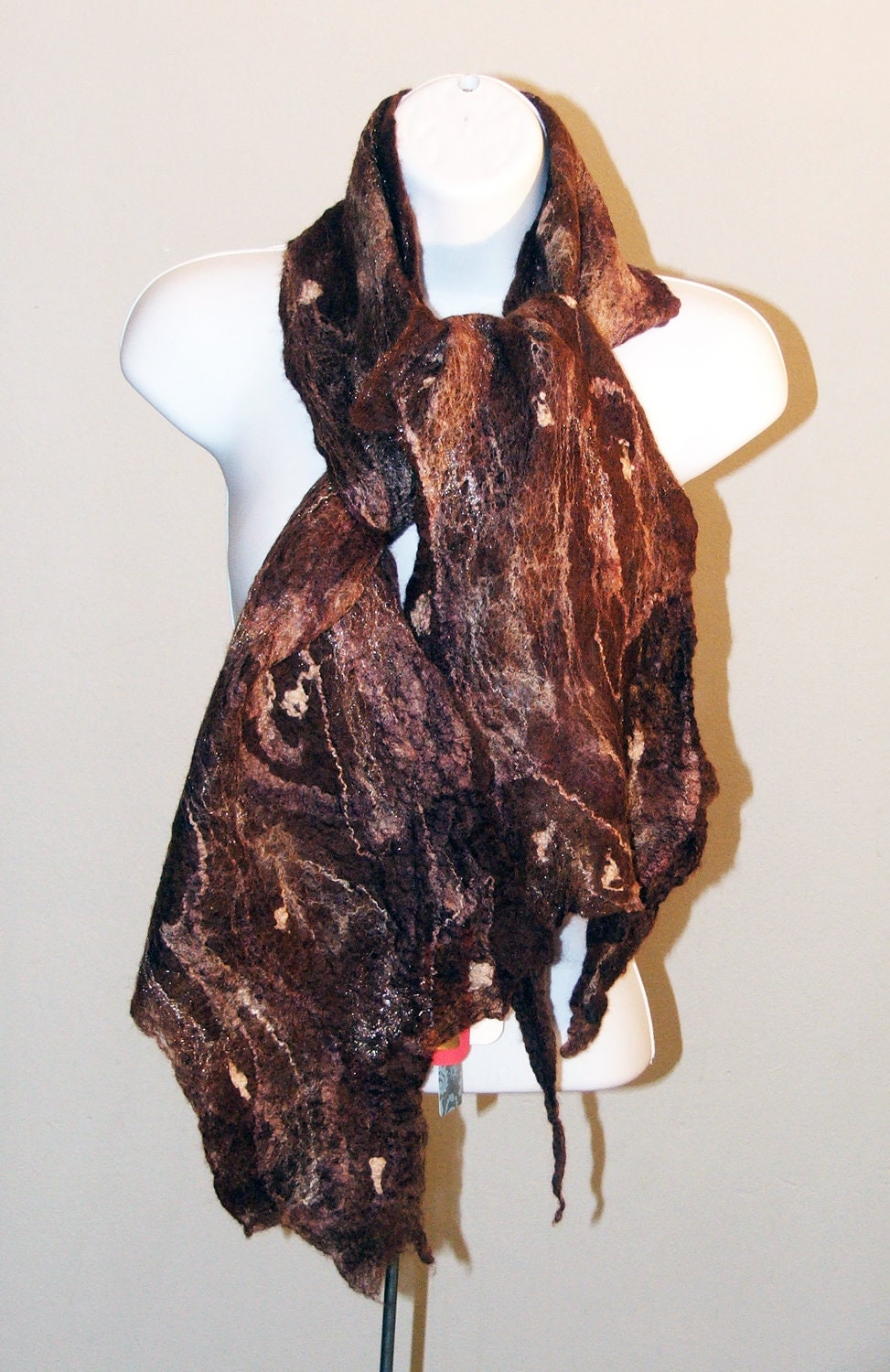 Wool  felted scarf  Dark Chocolate collar Wool and Silk  Art to Wear