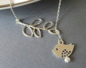 Silver Bird Lariat Necklace with Silver Leaf Branch Pendant with Pearly Bead Drop