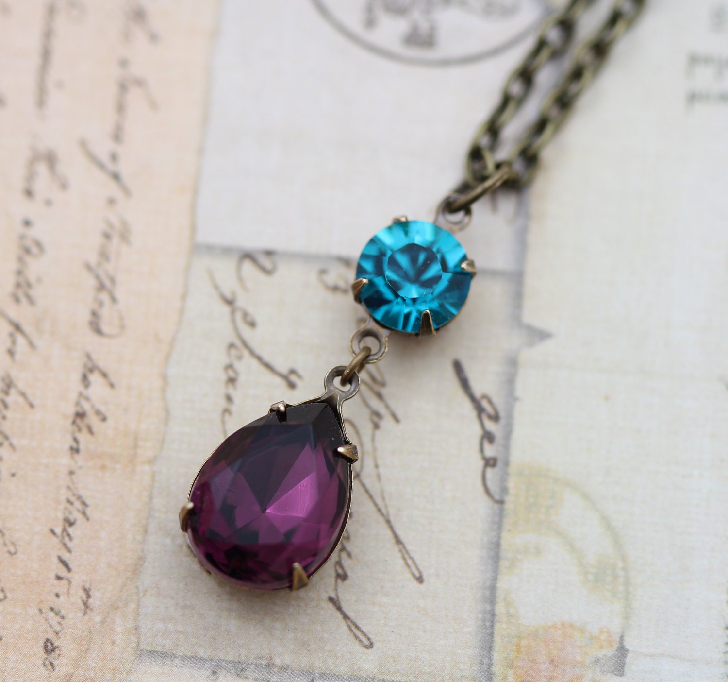 Peacock Wedding Jewelry Necklace Bridesmaids Matching - Teal & Purple Amethyst Vintage Glass Antique Brass 16" Chain