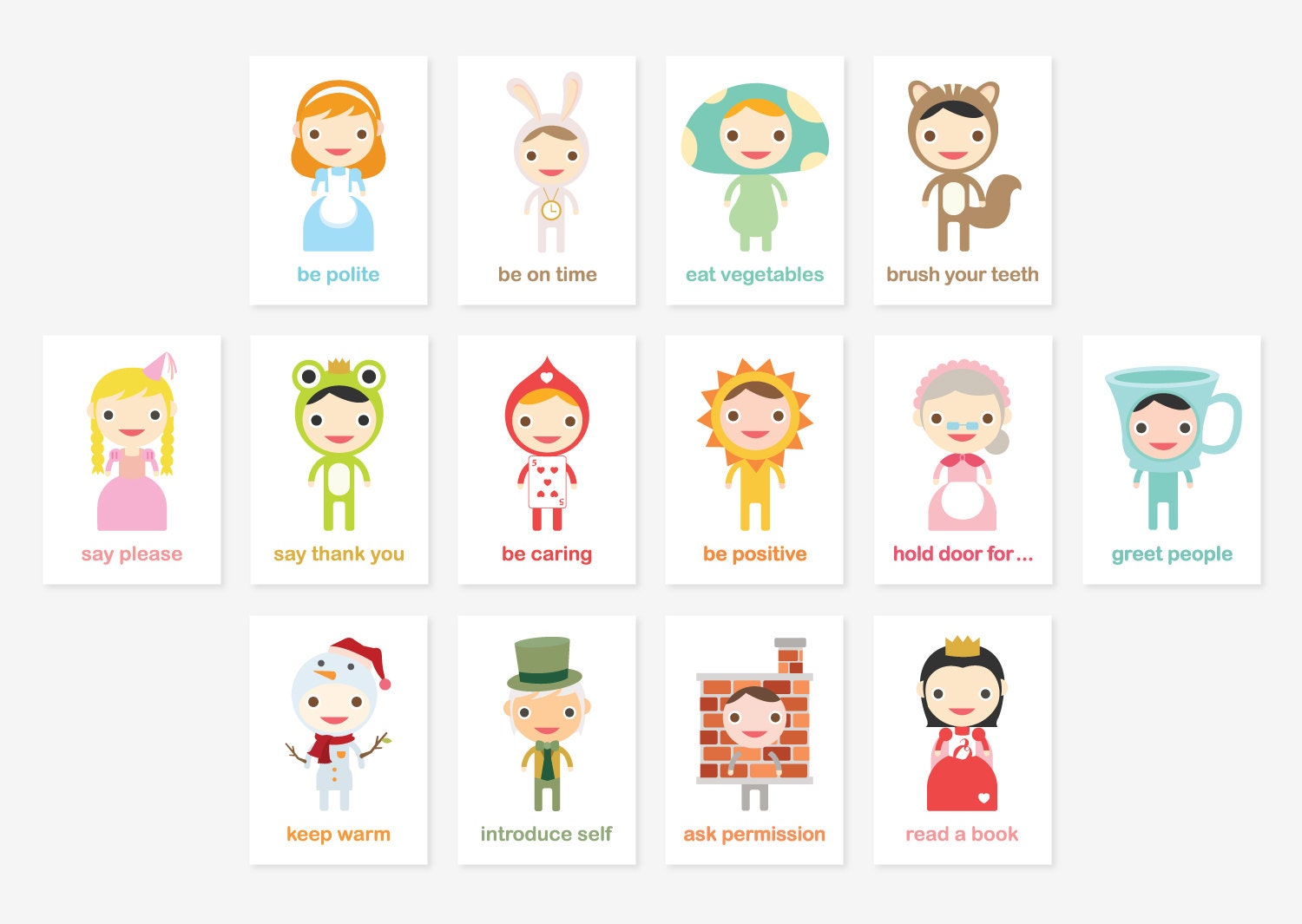 Happy Manners Card Set B of 14 - Good Manners Learning & Educational Flash Cards // Kids Wall Art Children Room Decor