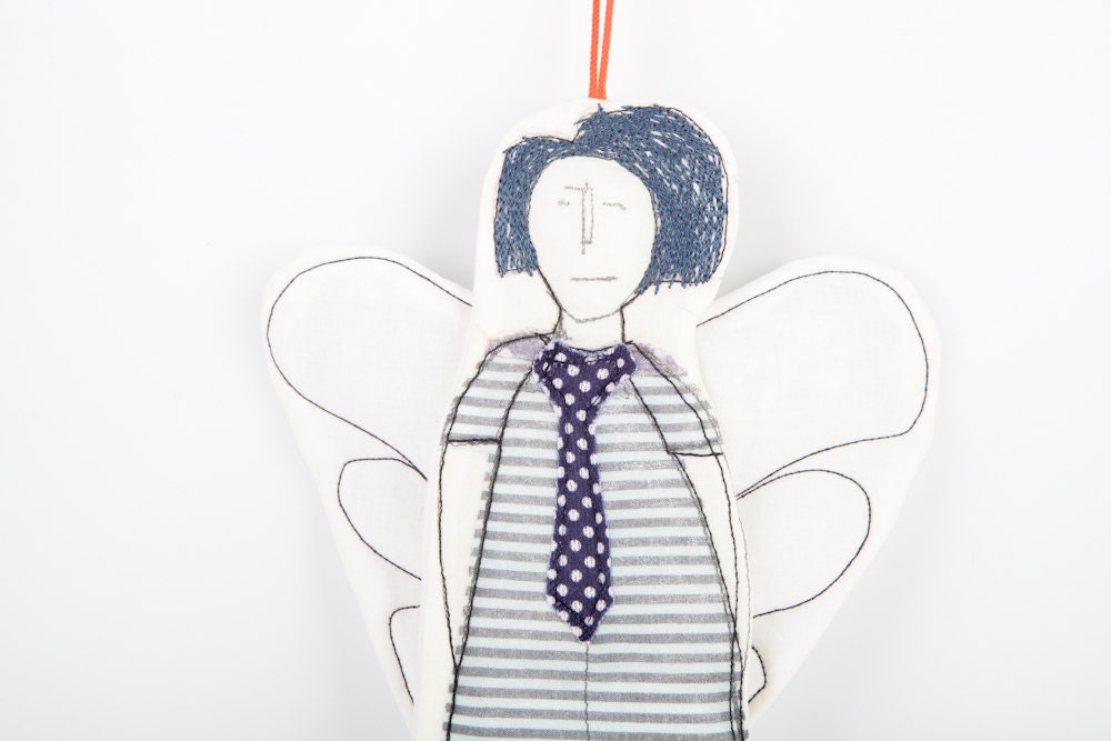 Black and white Modern Fairy or  Angel In blue hairstyle Wearing  striped dress and a polka dot tie - handmade fabric Wall art