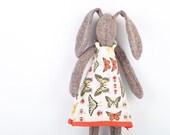 Easter bunny Plush , Stuffed Woodland Bunny - gray knitted silk Rabbit Wearing  butterflies  dress - timohandmade Eco Stuffed fabric Doll