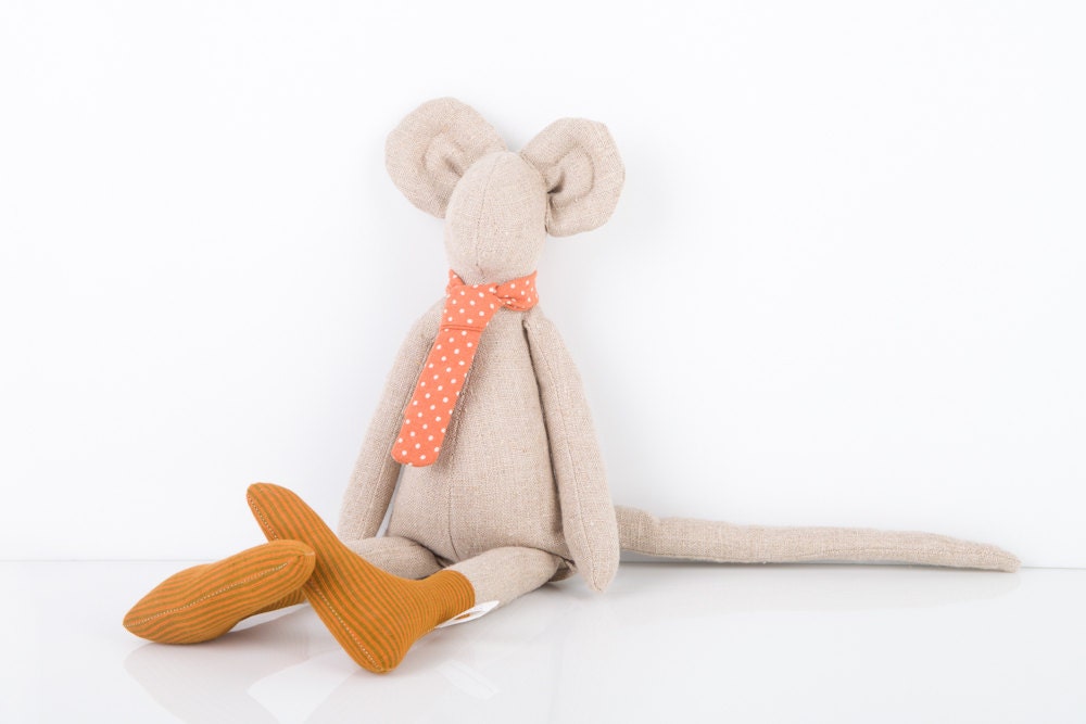 Stuffed animal toy - Plush Natural Canvas Minimalist Mouse , in Peach dotted tie and copper striped socks - Eco Friendly handmade doll
