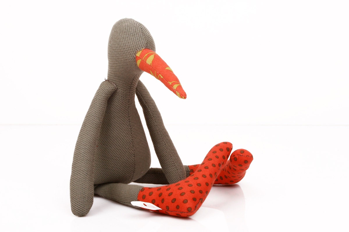 baby bird - Dark Olive Green kid bird Wearing polka dots red socks - handmade fabric doll