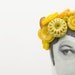Mysterious lady Wearing light blue floral dress, blooming in Vintage Yellow Beads & Buttons hat - handmade cloth doll