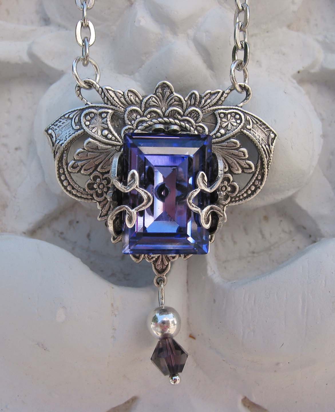 Tanzinite in a Swarovski Crystal Victorian Silver Necklace