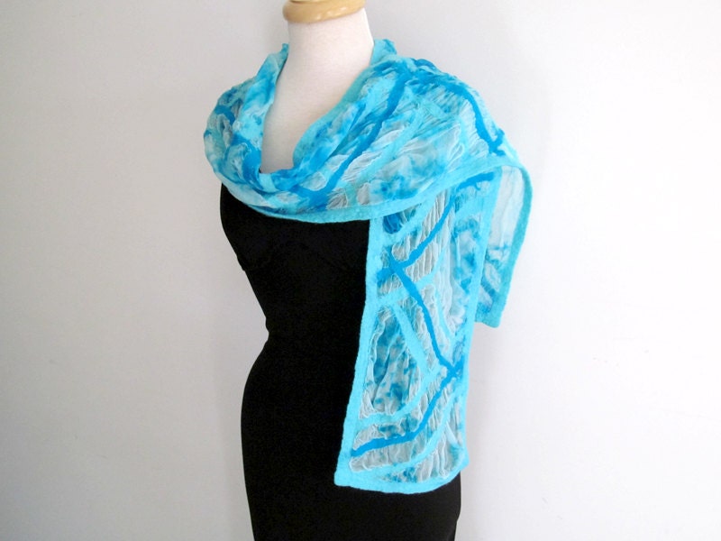 Aqua and turquoise lines on hand dyed silk, nuno felt scarf