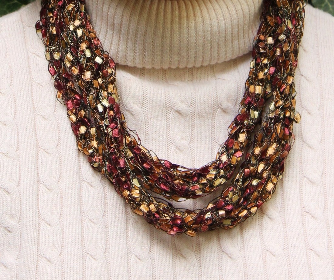 Knitted Necklace - "Autumn Winds" Color - Knitted Infinity Necklace in Pink, Cream, Brown, and White