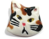 Whimsical Porcelain Cat Pin Brooch Calico White, Brown and Black OOAK - vzdesigns