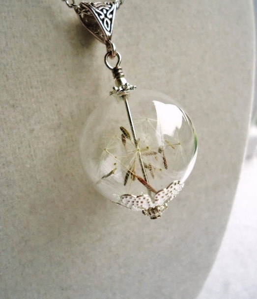 Real Dandelion Seed Glass Orb Necklace In Silver Medium Orb