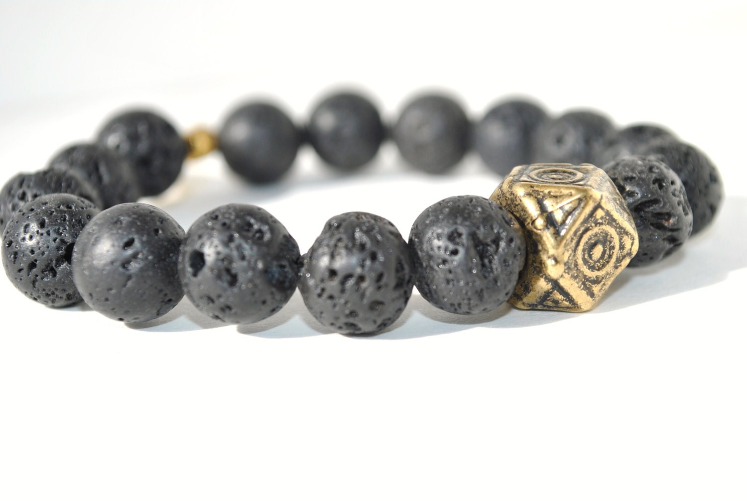 lava bead bracelet, unisex bracelet, brass bead bracelet, mixed bead bracelet, black, brass, by nicobel