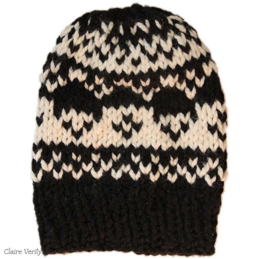 Ski Sweater Knit Hat - Fair Isle Print in Black and White