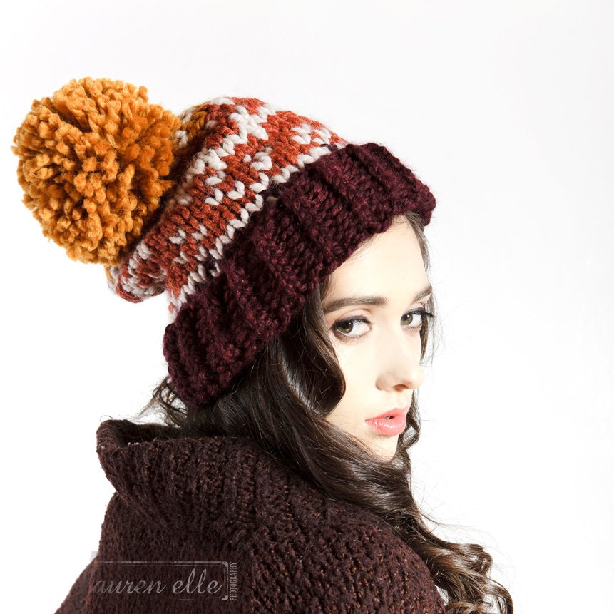 Ski Sweater Pom Pom Hat - Fair Isle Print- Burg, Spice, Orange