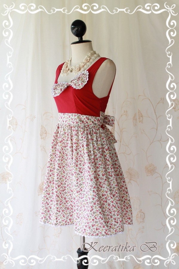 Summer Time II - Stunning Spring Summer Sundress Burgundy Top Petite Floral Printed Skirt Embroidered Matching Bow Girly Style