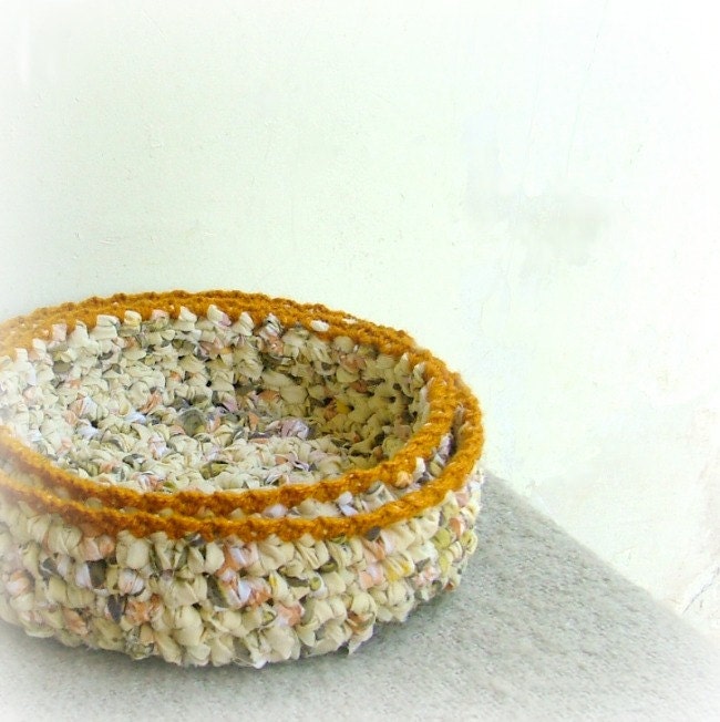 Crocheted nesting bowls - set of two baskets - recycled cotton yarn yellow with mustard trim