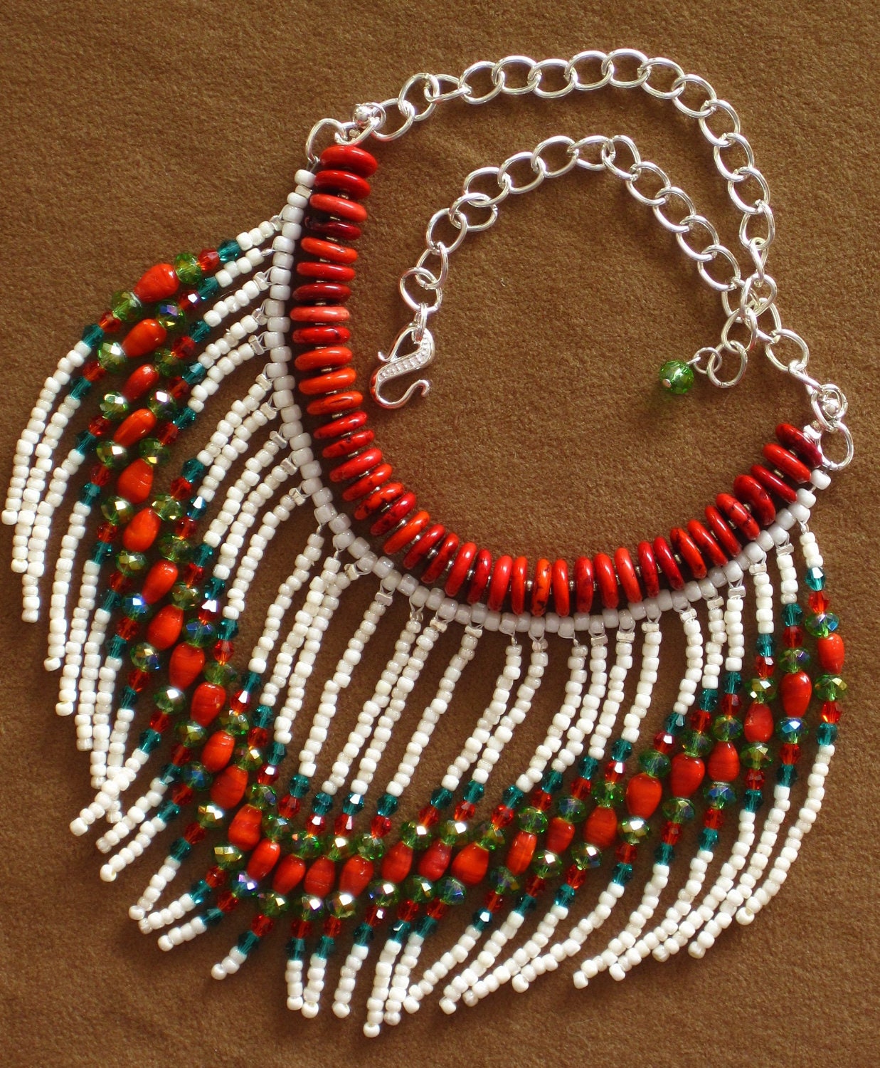 Native American style tribal fringed collar necklace in pearl, coral, green and teal