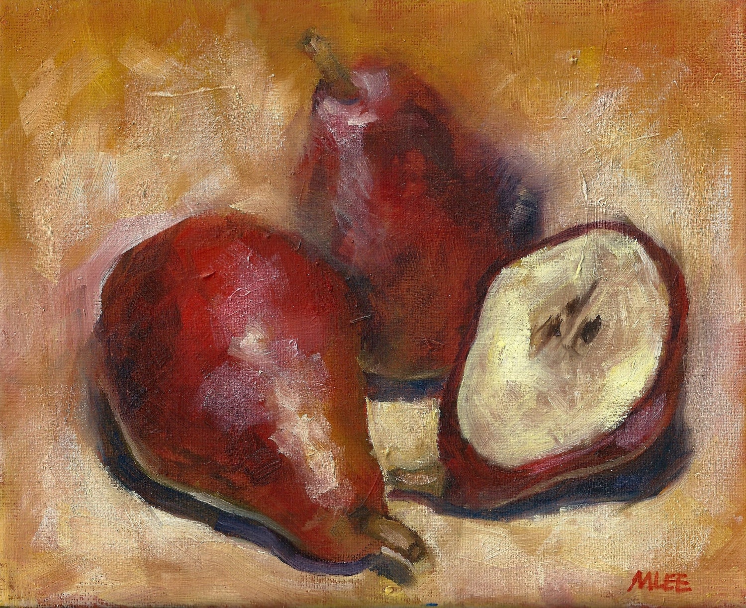Original Still Life Oil and Cold Wax Painting, A Sliced Red Pear Painting, 10 x 8, Wall Decor