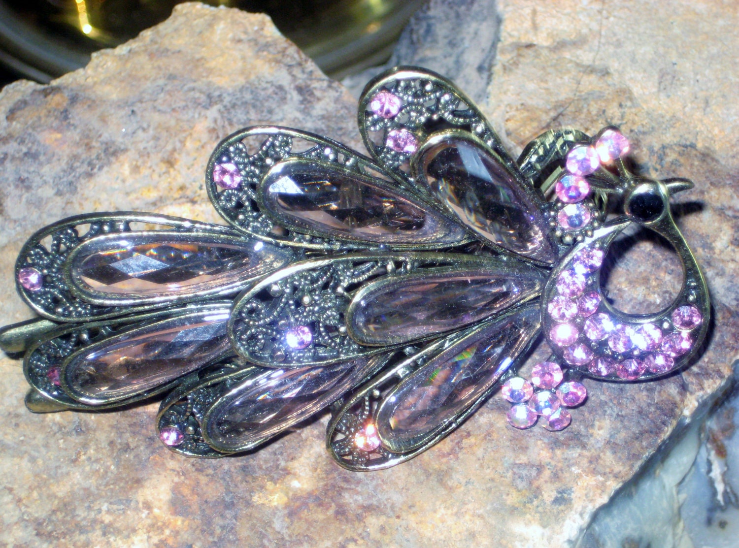 TREASURY iTem Beautiful Vintage Purple Pink Hair Clip Bling Swarorski Crystals Rhinestones XX Large Wedding Party Art Deco Barrette