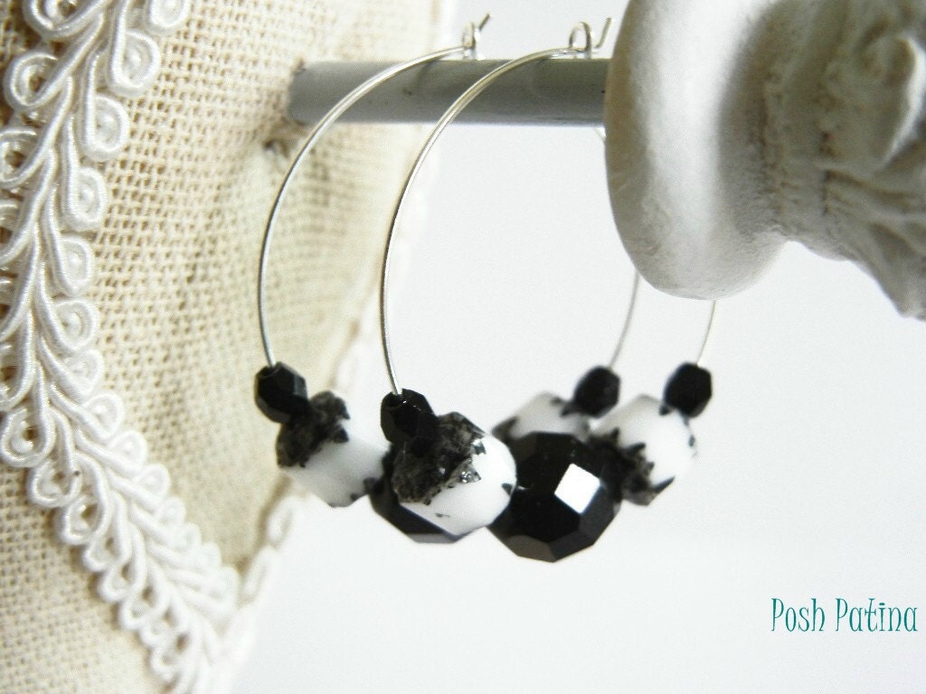Black and White Beaded Czech Glass Hoop Earrings