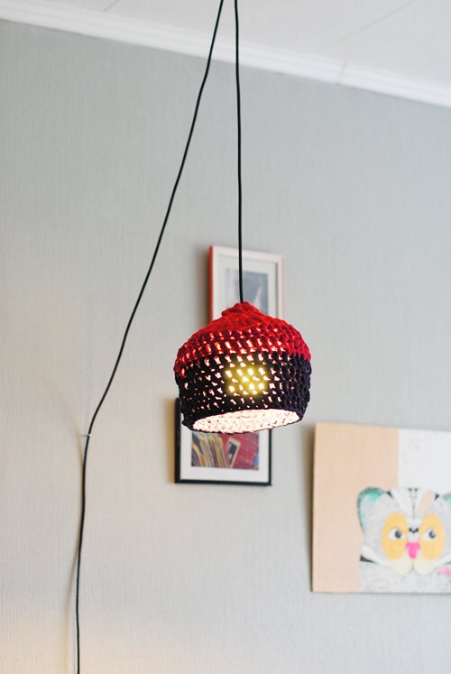 Pendant lamp in red / deep blue. Eco design. Hand crocheted