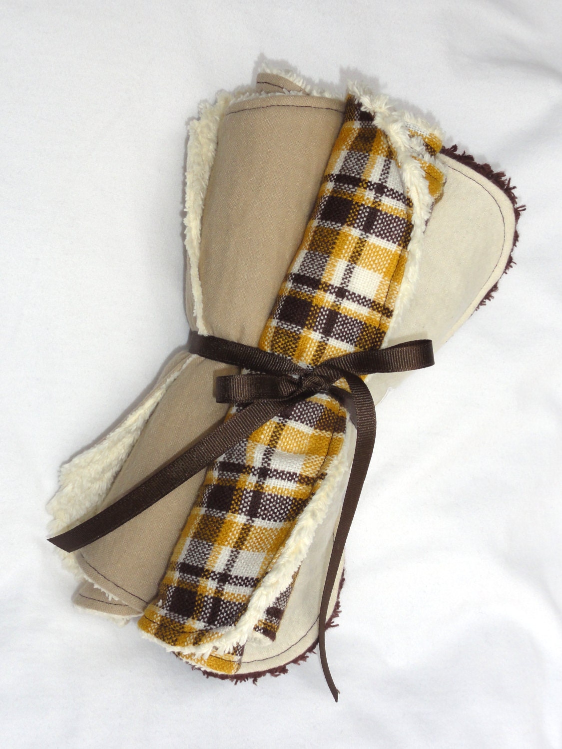 Mustard Yellow/Brown/Ivory Plaid, Contoured Burp Cloths, Set of 3