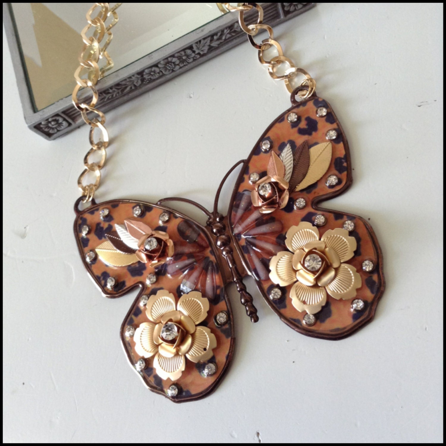 Leopard enamel flower butterfly necklace