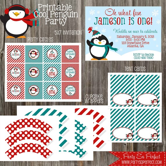 Penguin Red and Teal Birthday Party Package - Boy DIY Printable Il_570xn