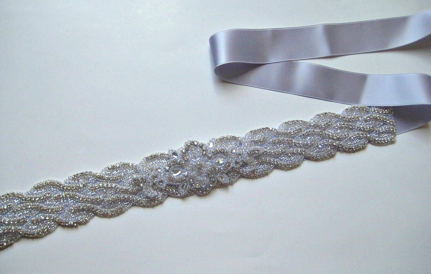 Bridal wedding beaded crystal sash/belt with elegant art deco applique. FRENCH DECO.
