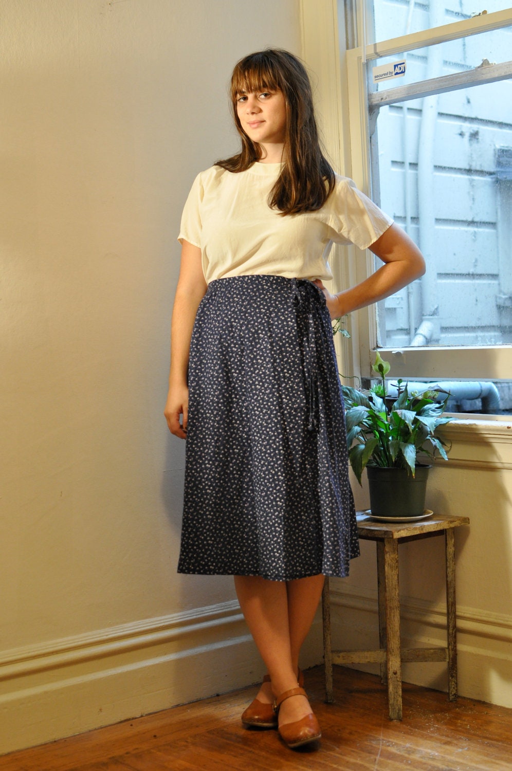 80s Blue Floral Wrap Midi Skirt