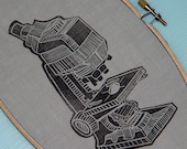 Embroidery Hoop Art- Microscope Linocut Print- Geekery Techie Science- 5.5 x 9.5 inch  14 x 24 cm