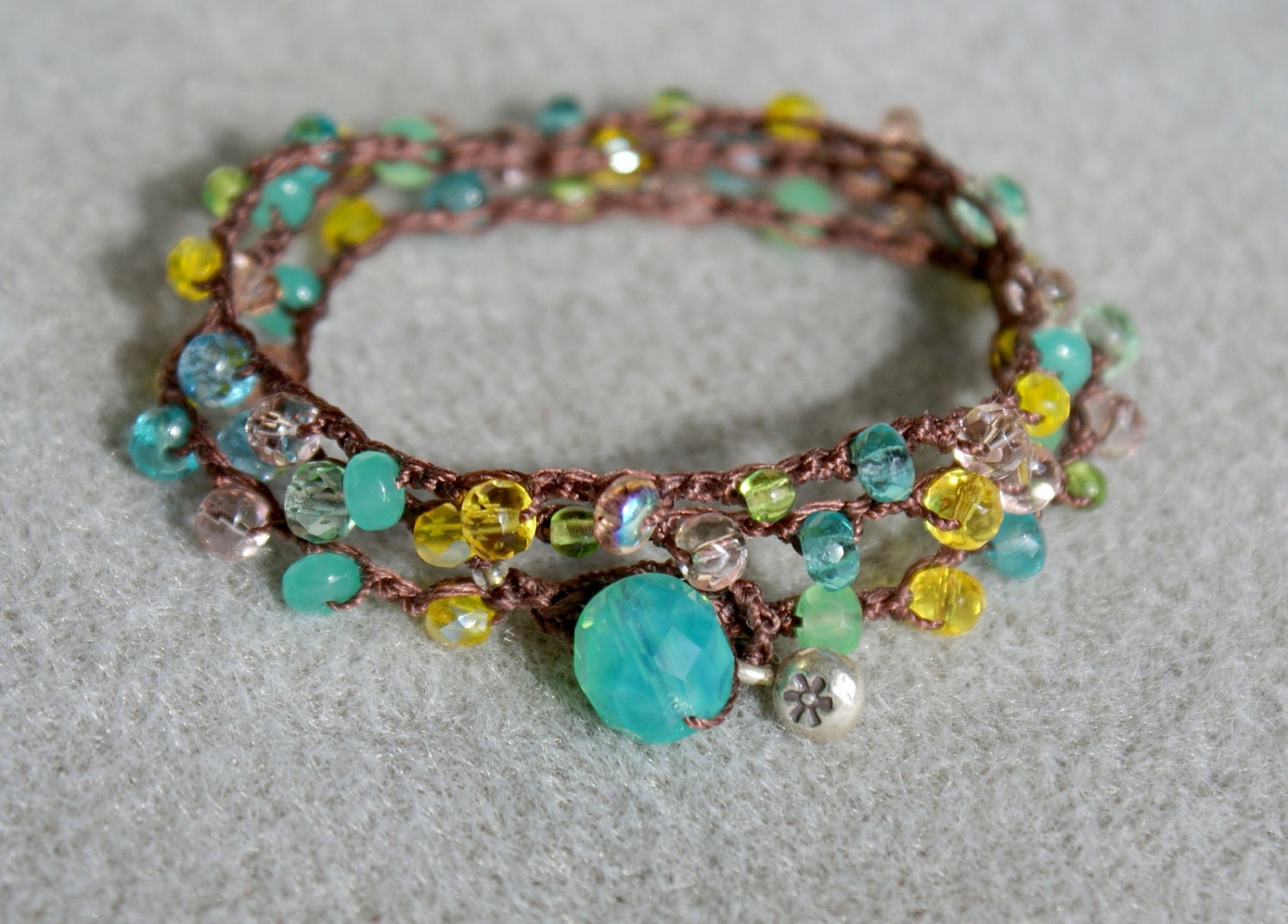 Pastel Bohemian wrap bracelet, necklace, anklet, crochet jewelry, beachy, 3x wrap, yellow, brown, green, opal, Sterling silver flower