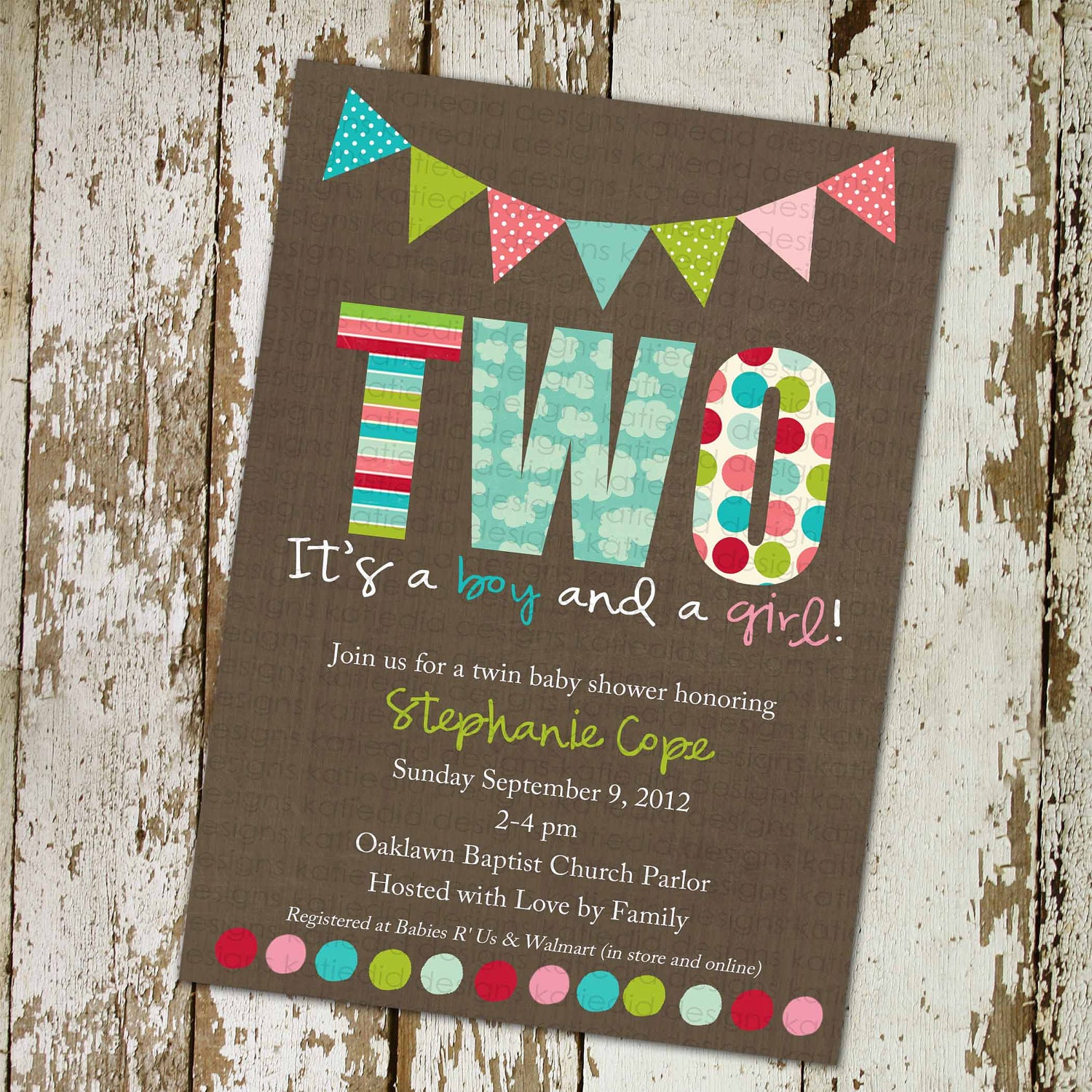 twins baby shower invitations for twins, with banner and polka dots (item 156b)