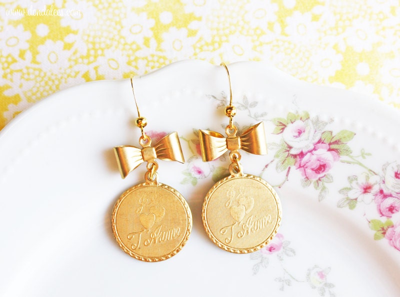SALE- Je T'Aime- I Love You- French Brass Charm Earrings- Vintage Style