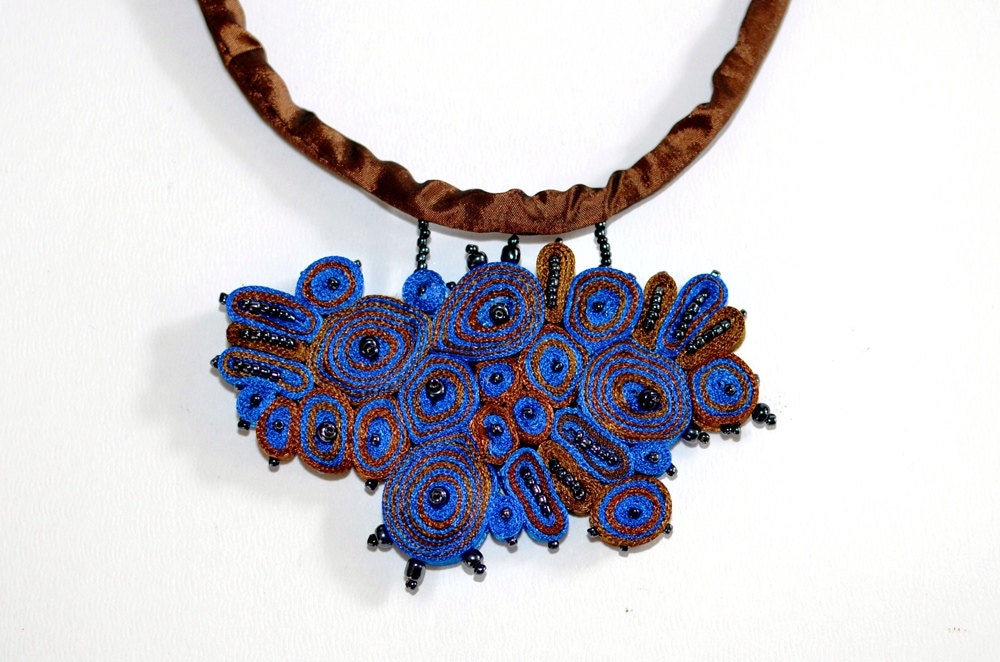 Necklace Blue Brown- Fiber Pendant Brown Blue - Textile Jewelry Cloud Design - OOAK Ready To Ship