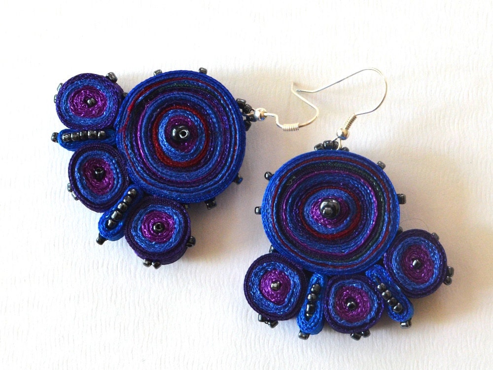 Earrings Blue Handmade - Textile Jewelry - Fiber Accessories - OOAK Ready To Ship
