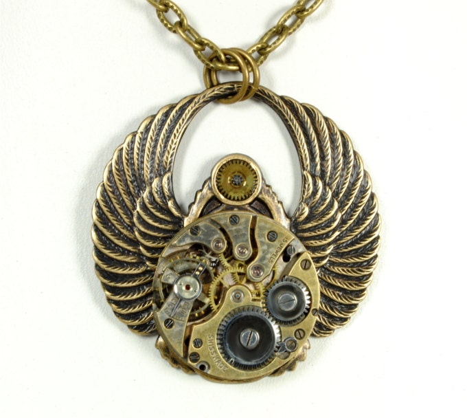 Steampunk Necklace Steampunk Jewelry Vintage Watch Necklace Wings Scarab Beetle Necklace Steam Punk Jewelry by VictorianCuriosities