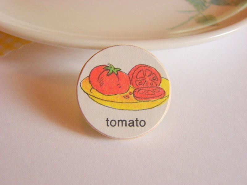 Tomato Tie Tack or Lapel Pin - Small Paper and Wood Decoupage - Retro Food Vegetable - One of a Kind