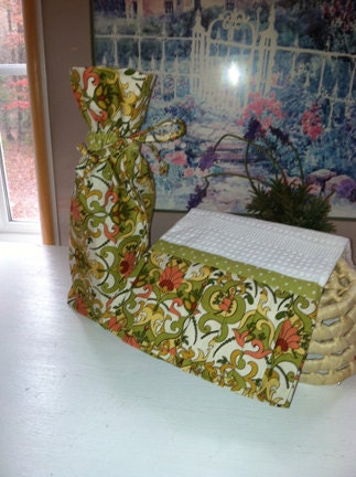 Handmade Hand Towel, Olive Green, Gold, Orange Damask Wine and Towel Gift Set, Housewares Gift, Hostess Gift, Home Decor Towel