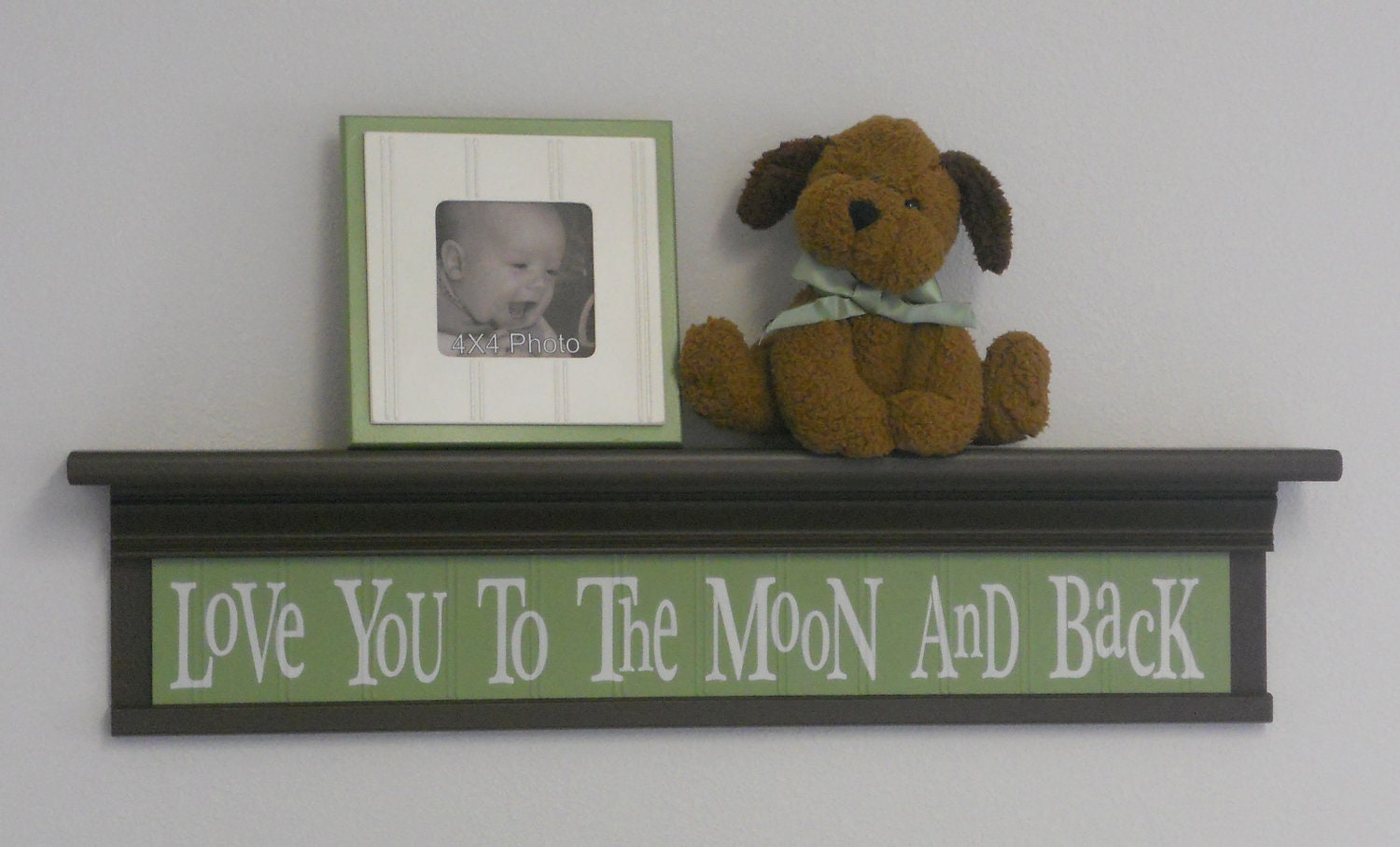 Love You To The Moon And Back - Sign on 30" Shelf Brown and Light Green Whimsical Nursery Wall Decor