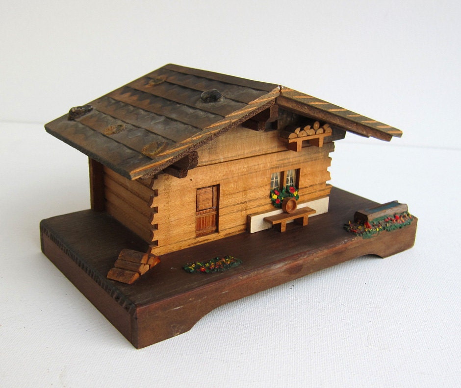 On hold for Kathie Vintage rustic 1960s wooden Swiss alpine house music box - evaelena