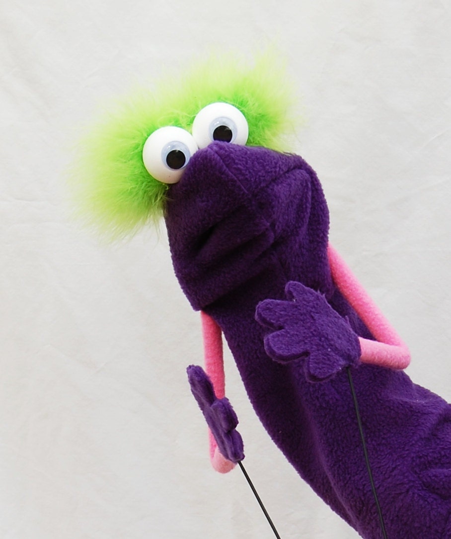 Purple and Green Puppet with Rod Arms Google Eye Muppet