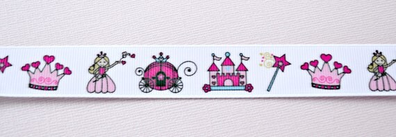 Pretty Pink princess, castles & coach on 7/8 inch white grosgrain ribbon Il_570xn