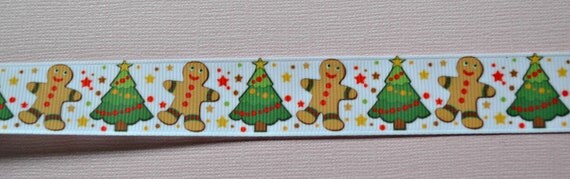 Dancing Gingerbread men and Christmas trees on white 7/8" grosgrain ribbon Christmas Il_570xn
