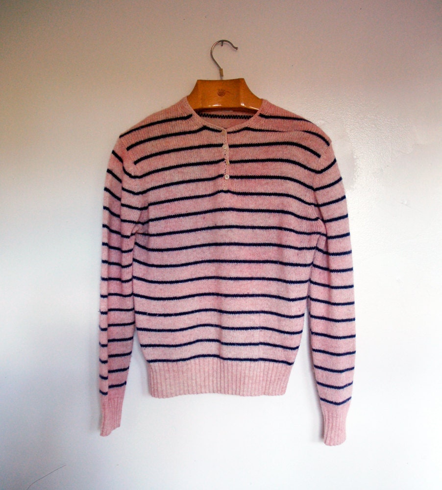 Striped wool sweater pullover henley nautical pale pink & navy M